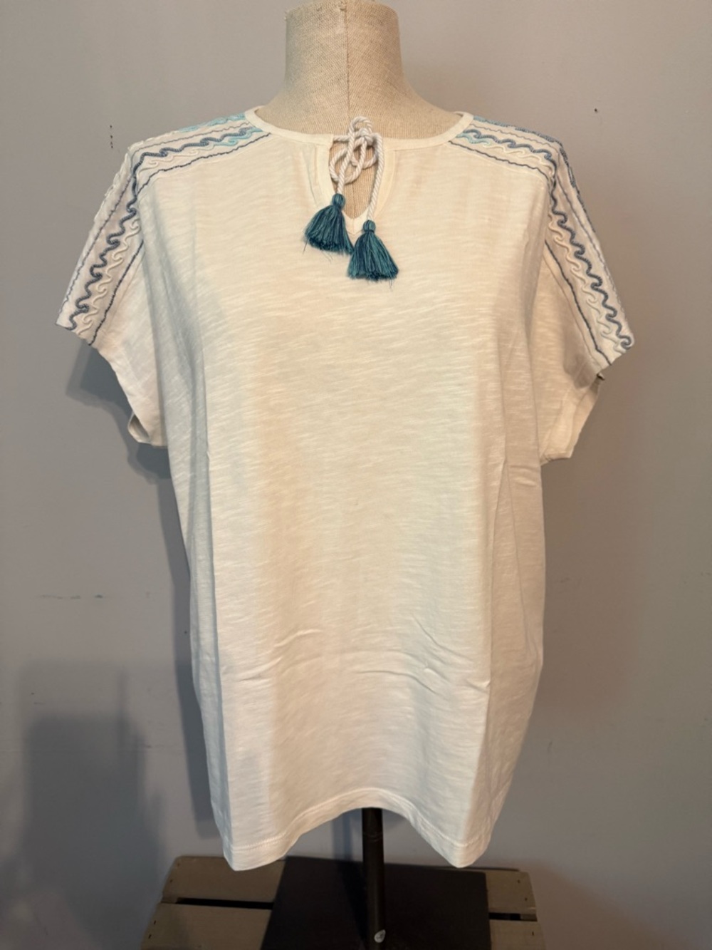 Chico's White Blouse with Blue Embroidery
